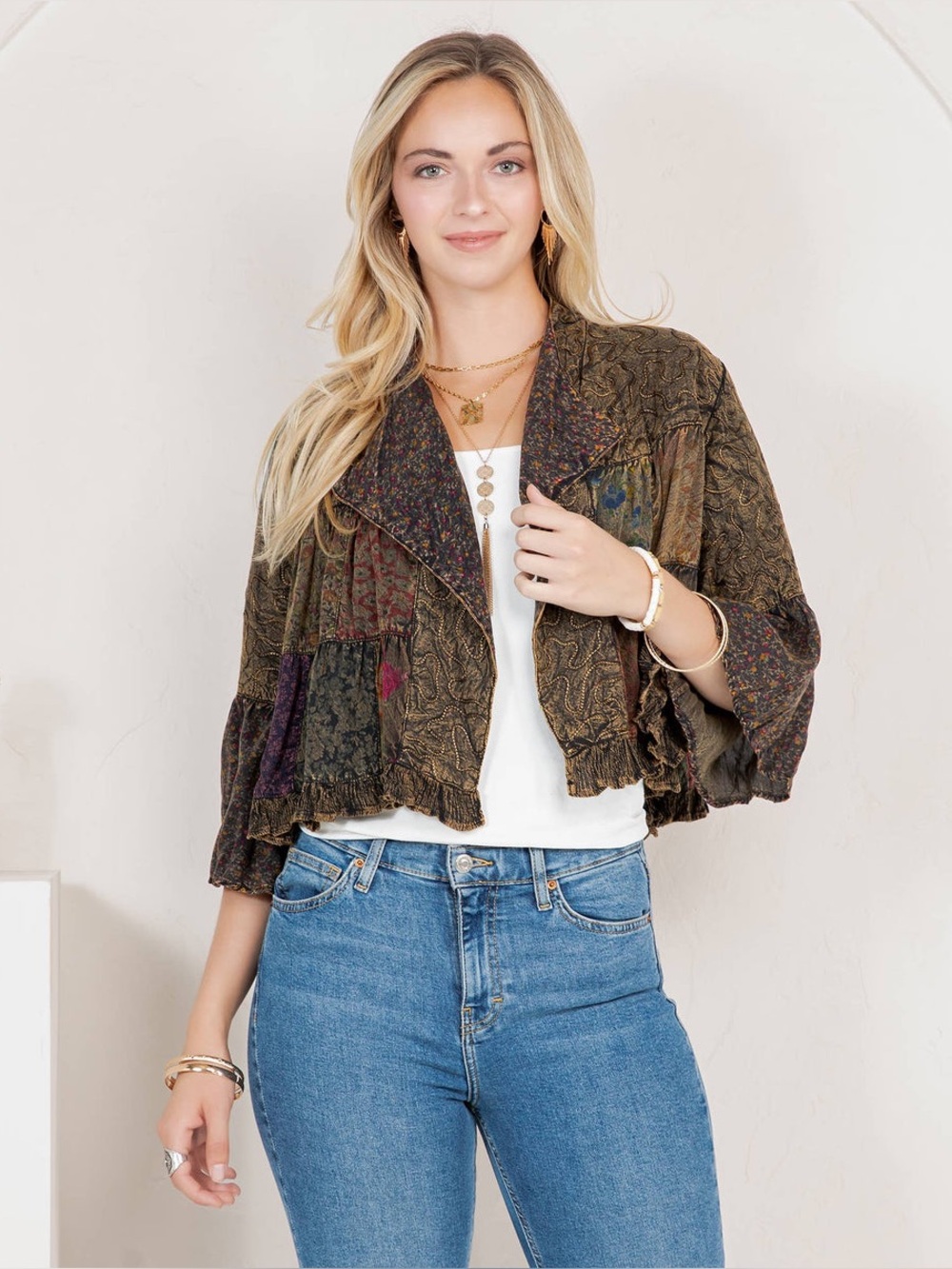 Young Threads Lapel Detail Cropped Top with Handcrafted Boho Embroidery NWT M